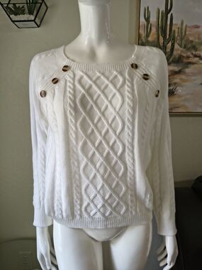 White Cable-Knit Button-Shoulder Crewneck Sweater